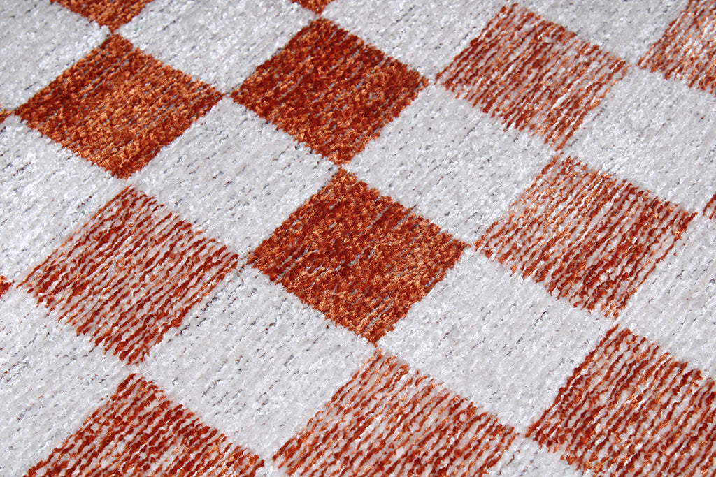Turuncu Beyaz Pamuk Polyester Modern Geometrik Dama Desenli Yıkanabilir Halı