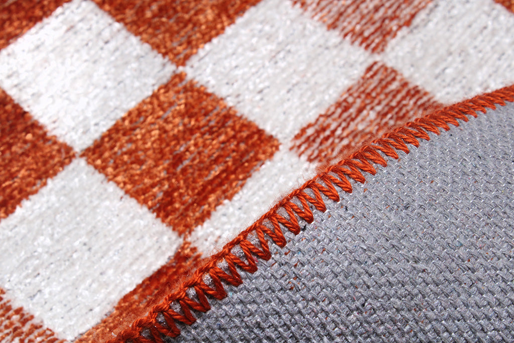 Turuncu Beyaz Pamuk Polyester Modern Geometrik Dama Desenli Yıkanabilir Halı