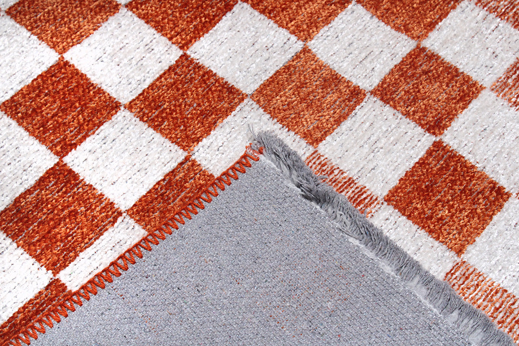 Turuncu Beyaz Pamuk Polyester Modern Geometrik Dama Desenli Yıkanabilir Halı