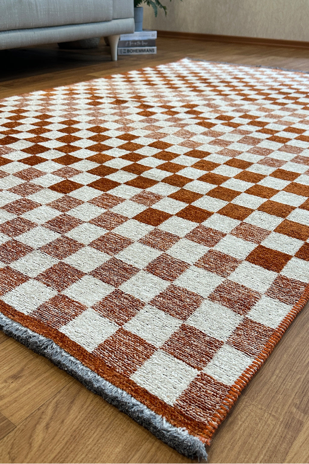 Turuncu Beyaz Pamuk Polyester Modern Geometrik Dama Desenli Yıkanabilir Halı