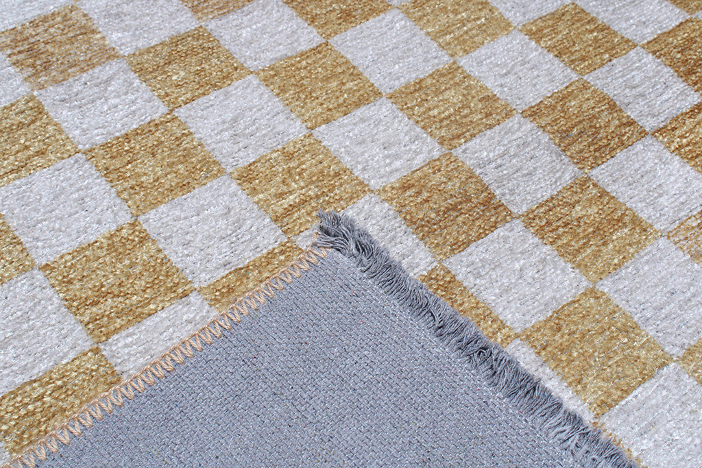 Altın Sarı Pamuk Polyester Modern Geometrik Dama Desenli Yıkanabilir Halı