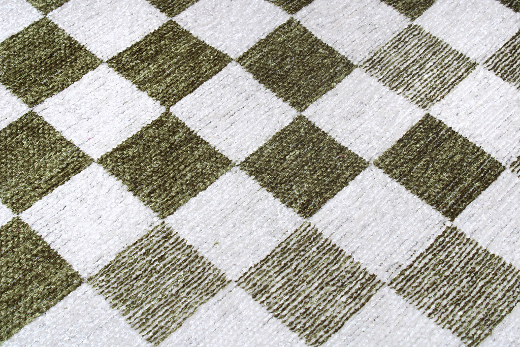 Yeşil Beyaz Pamuk Polyester Modern Geometrik Dama Desenli Yıkanabilir Halı