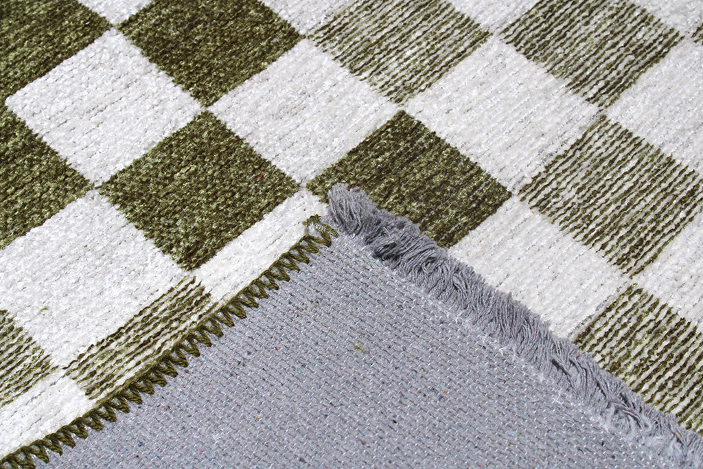 Yeşil Beyaz Pamuk Polyester Modern Geometrik Dama Desenli Yıkanabilir Halı