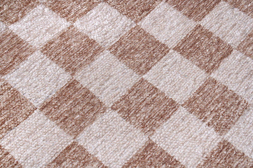 Bej Beyaz Pamuk Polyester Modern Geometrik Dama Desenli Yıkanabilir Halı