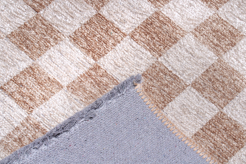 Bej Beyaz Pamuk Polyester Modern Geometrik Dama Desenli Yıkanabilir Halı