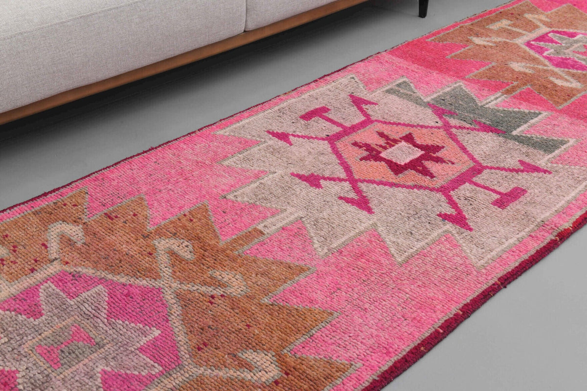El yapımı vintage yolluk 97x353 cm tribal desenli yün - yakın çekim doku detayı