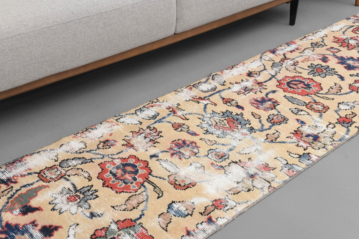 El yapımı vintage yolluk 66x305 cm çiçek desenli desenli yün - yakın çekim doku detayı