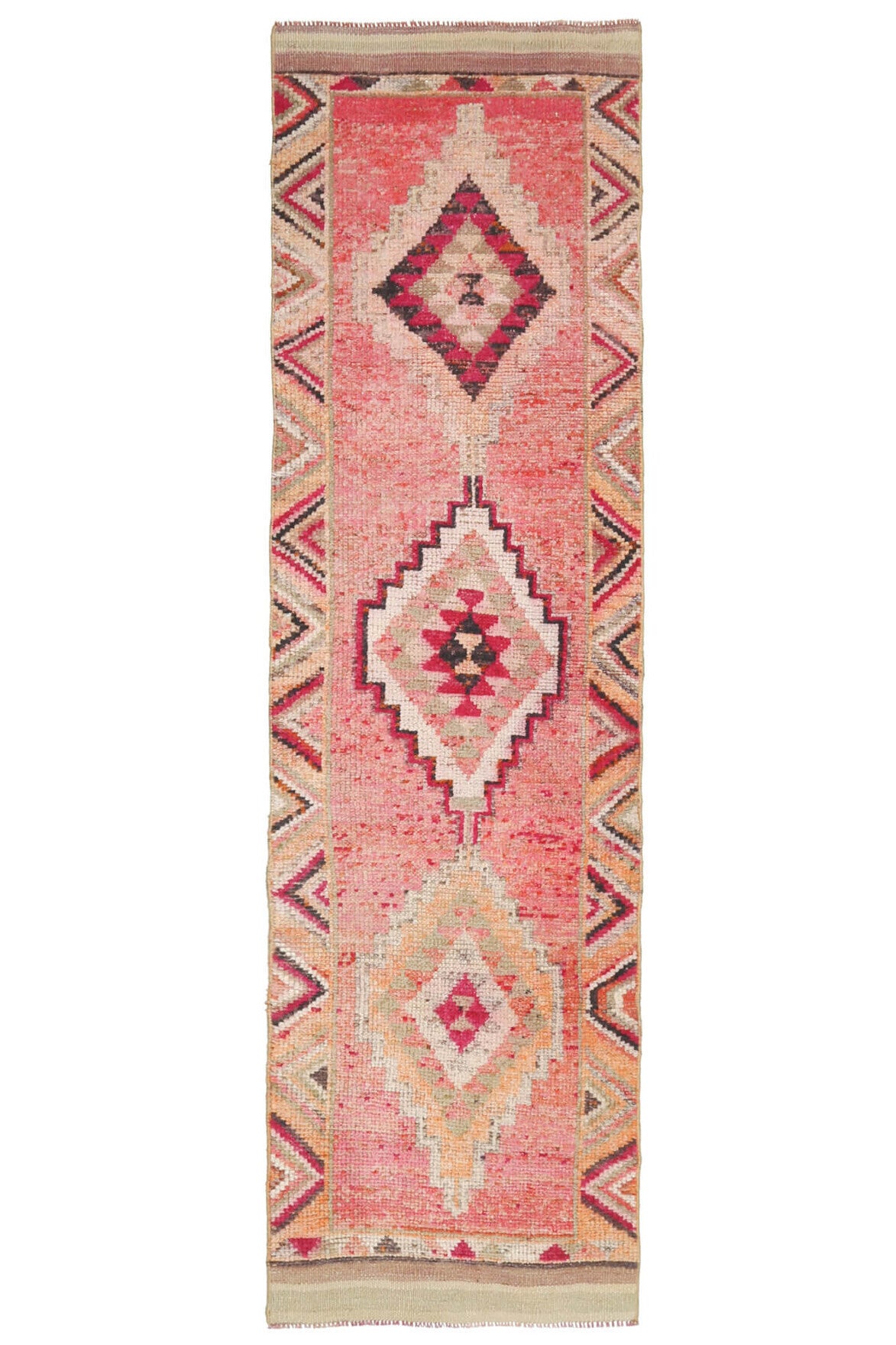 87x313 cm turuncu, pembe ve kırmızı oryantal desenli el dokuma vintage yolluk – üstten tam görünüm