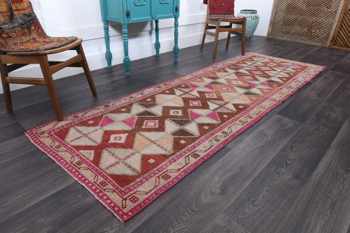 El yapımı vintage yolluk 97x290 cm i̇kat desenli yün - yakın çekim doku detayı