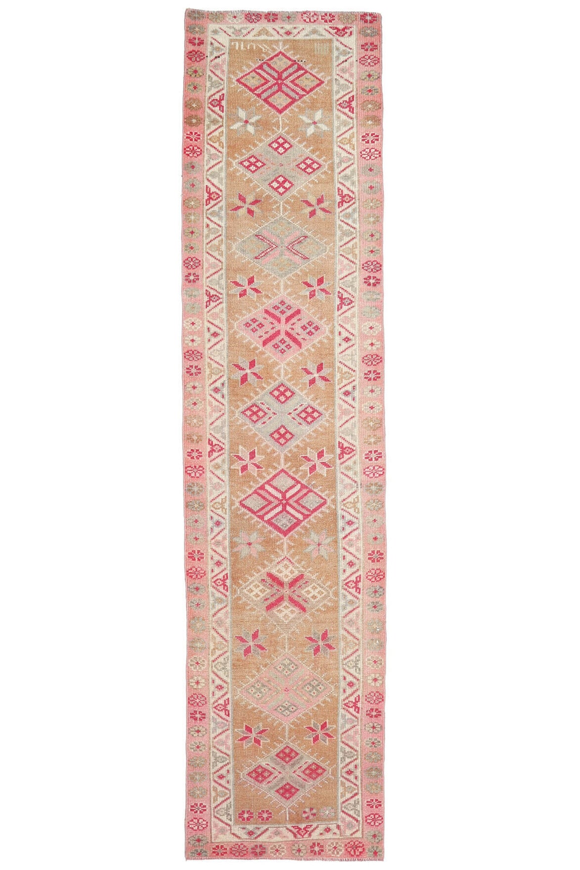 81x360 cm turuncu ve pembe ikat desenli el dokuma vintage yolluk – üstten tam görünüm