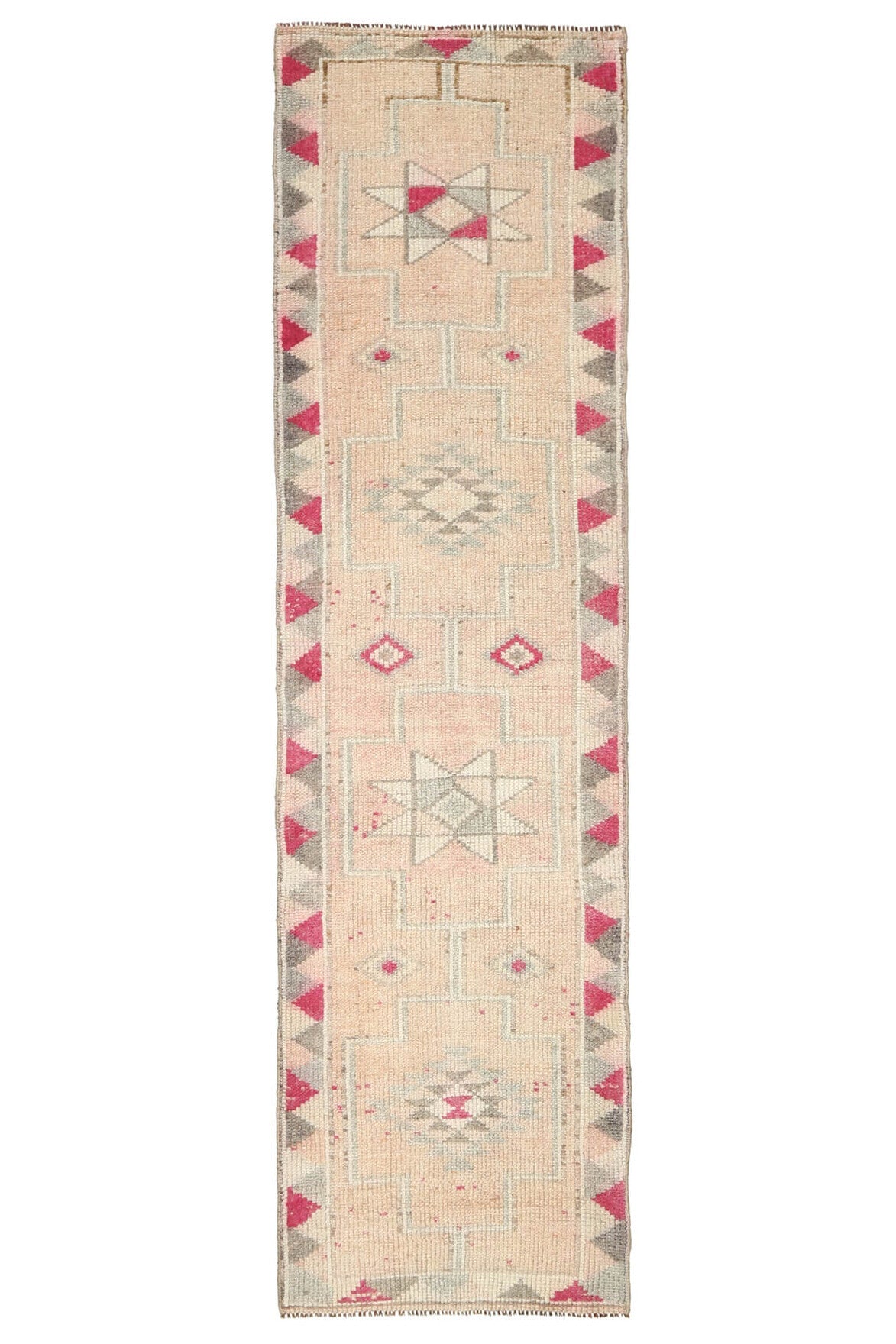80x304 cm turuncu ve bej geometrik desenli el dokuma vintage yolluk – üstten tam görünüm