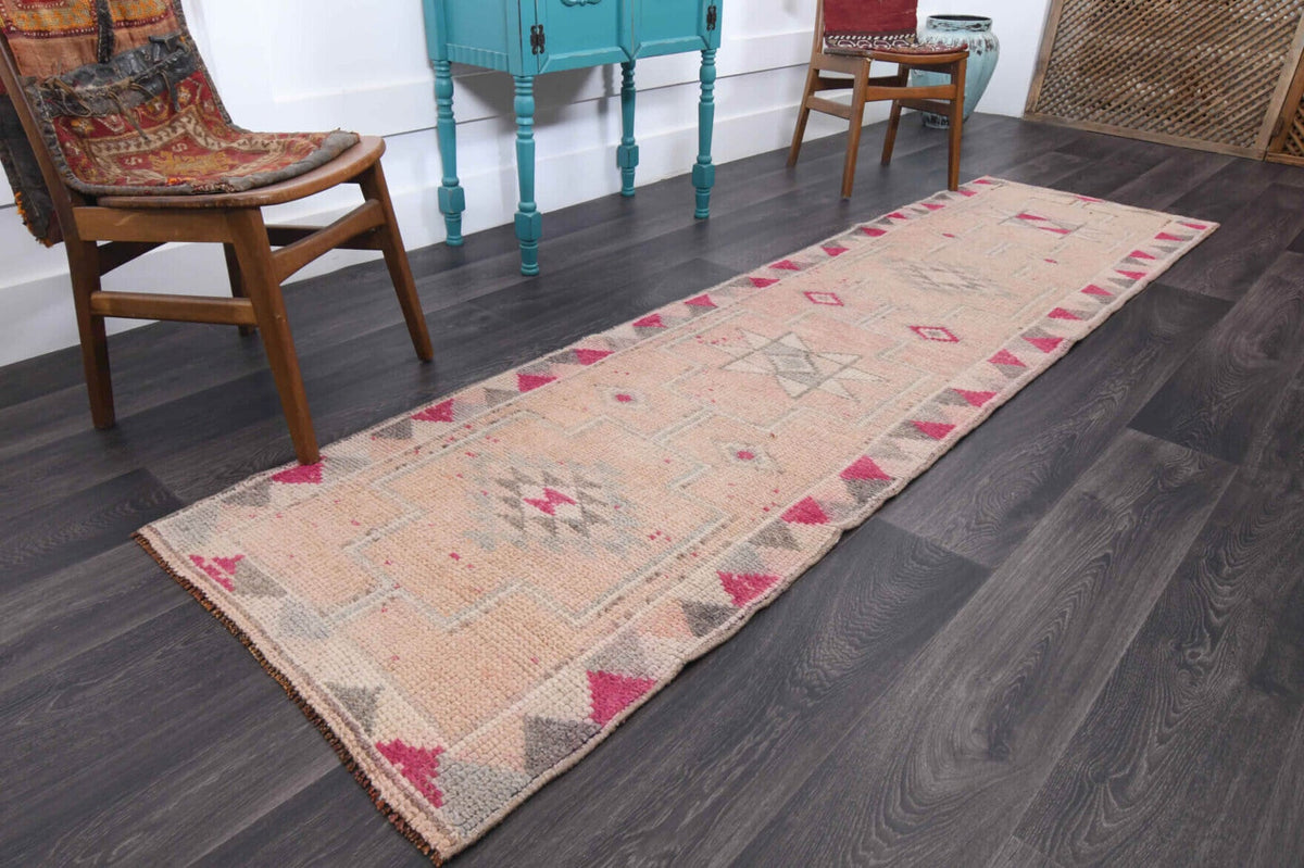 El yapımı vintage yolluk 79x305 cm geometrik desenli yün - yakın çekim doku detayı