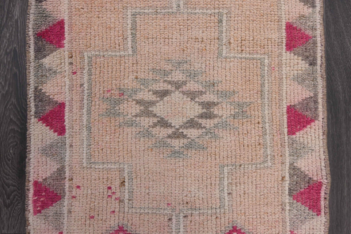 Vintage yolluk 80x304 cm – turuncu ve bej geometrik desenli, el dokuma