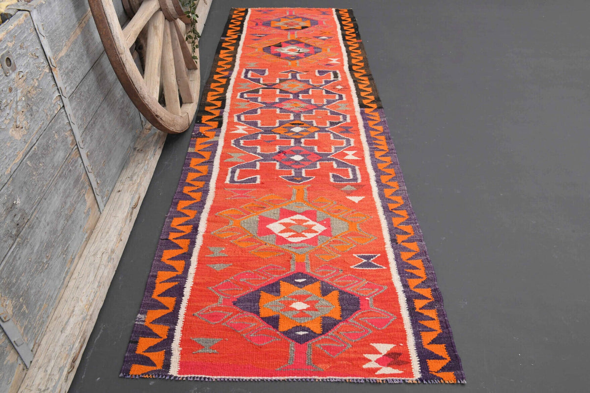 El yapımı vintage yolluk 94x310 cm i̇kat desenli yün - detay görünümü