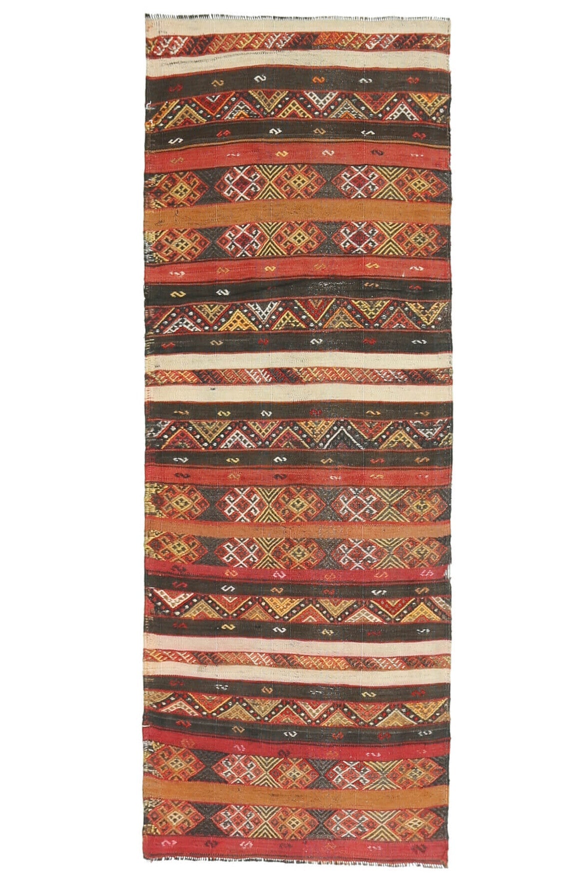 El yapımı vintage halı 74x203 cm i̇kat desenli yün - ışık altında renk detayı