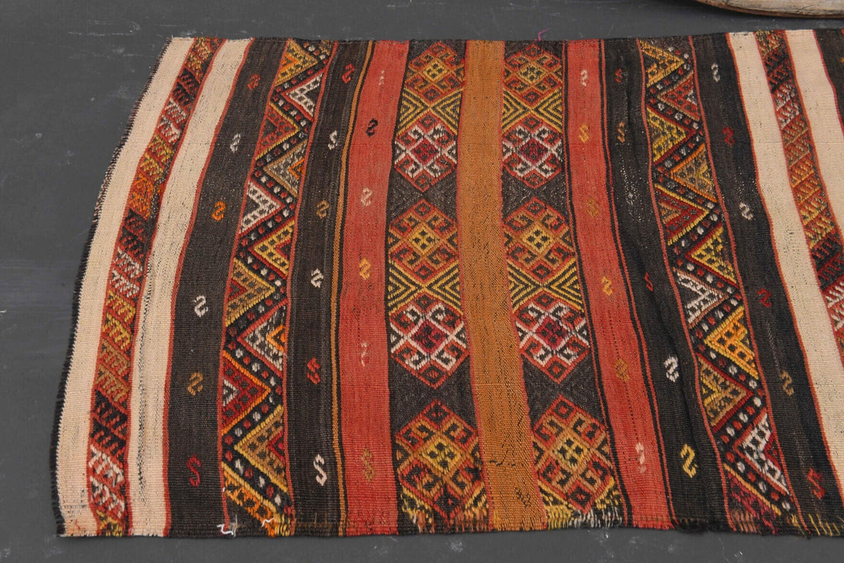 El yapımı vintage halı 74x203 cm i̇kat desenli yün - kenar ve saçak detayı
