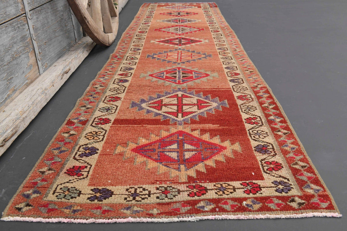 El yapımı vintage yolluk 89x351 cm tribal desenli yün - yakın çekim doku detayı