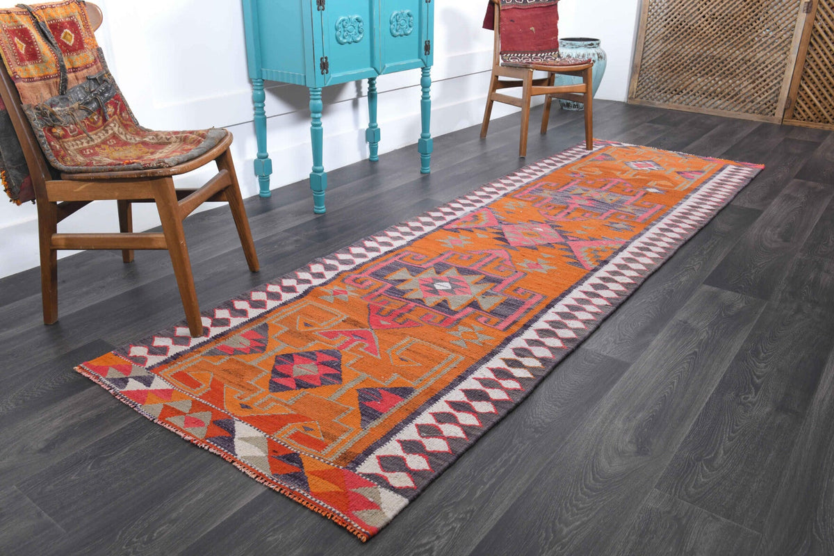 El yapımı vintage yolluk 94x305 cm oryantal desenli yün - yakın çekim doku detayı