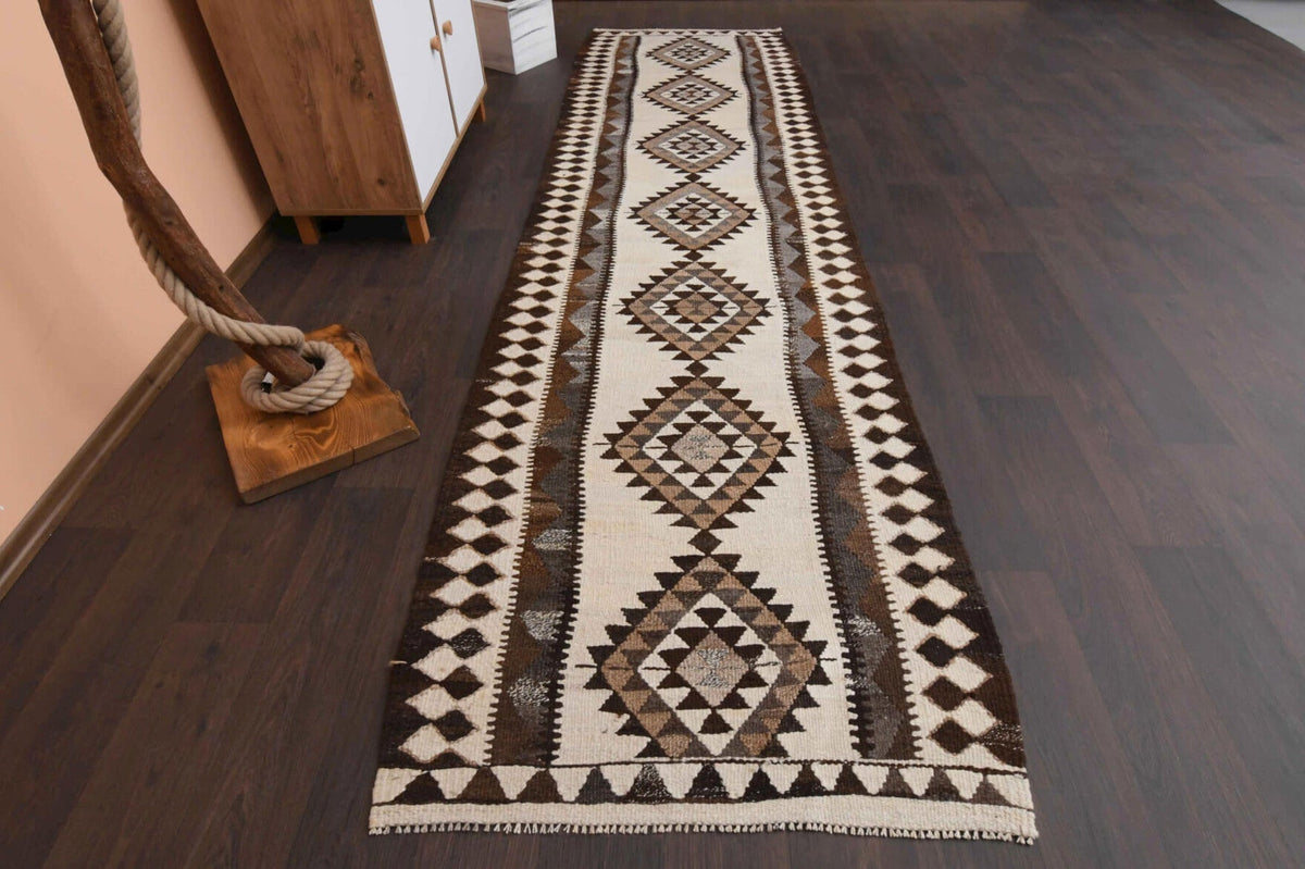 El yapımı vintage yolluk 94x351 cm geometrik desenli yün - detay görünümü