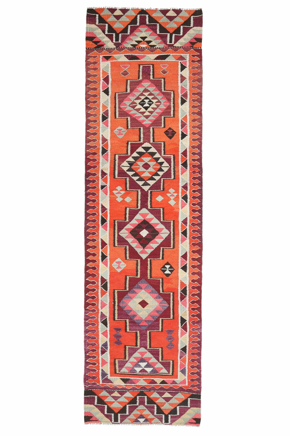El yapımı vintage yolluk 86x307 cm i̇kat desenli yün - ışık altında renk detayı