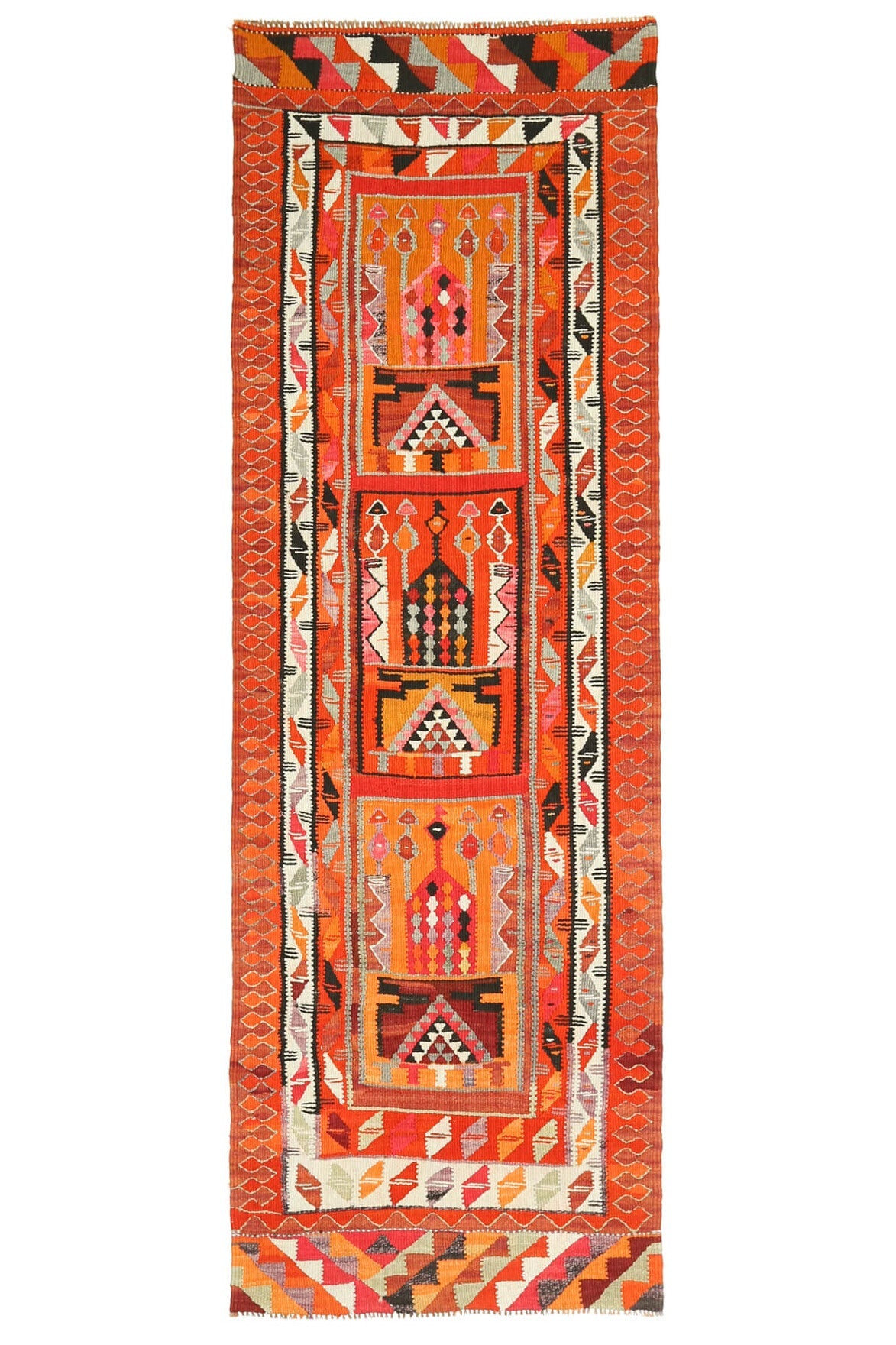 95x294 cm turuncu ve kırmızı ikat desenli vintage kilim yolluk – üstten tam görünüm