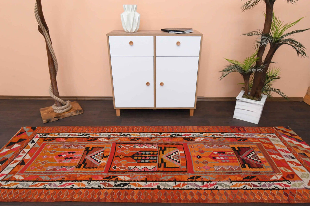 1960'lardan Anadolu kökenli ikat desenli vintage kilim yolluk, 95x294 cm