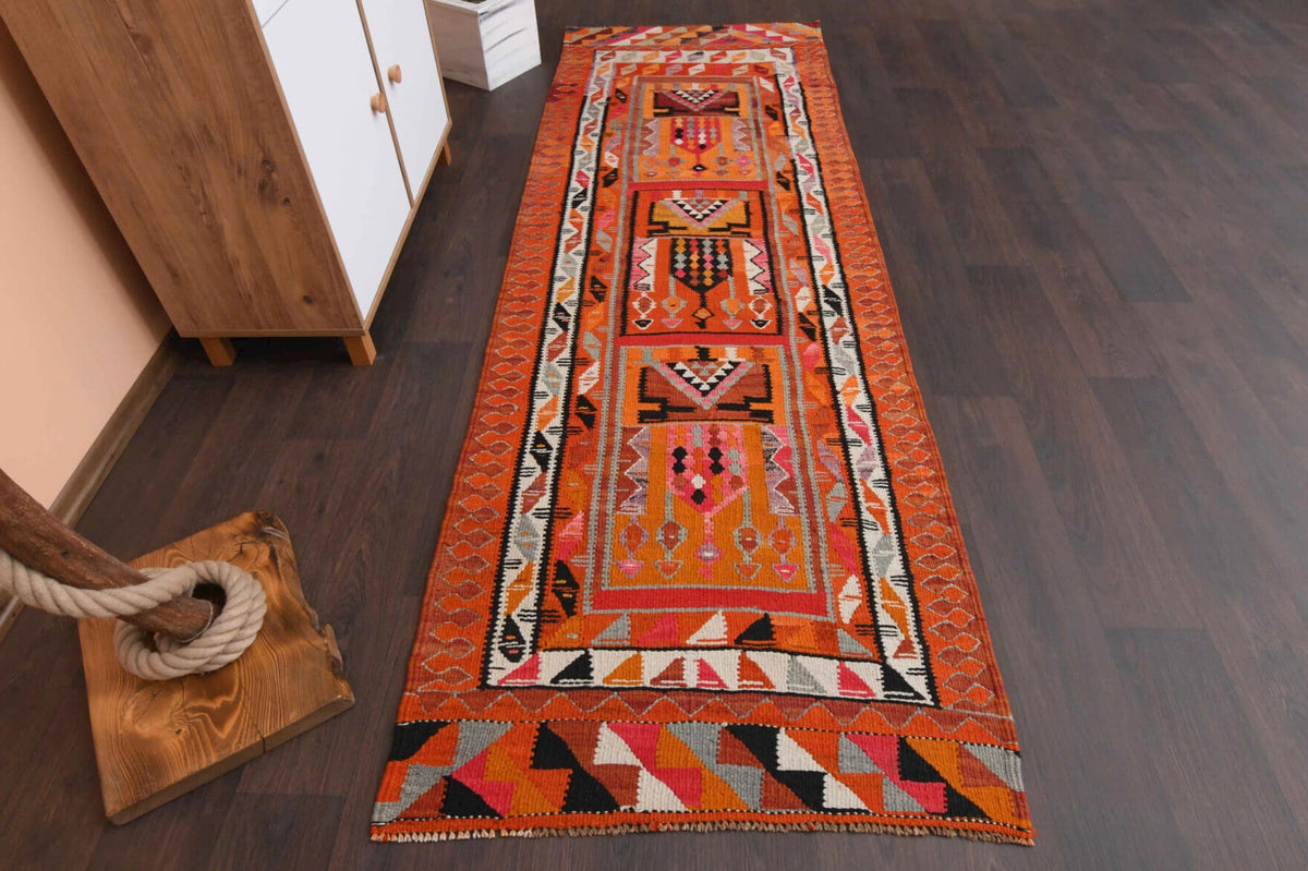 Antre ve koridor için ikat desenli vintage kilim yolluk – 95x294 cm