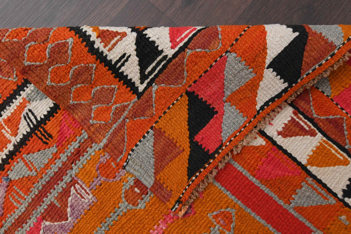 Vintage yolluk 95x294 cm – turuncu ve kırmızı ikat desenli, el dokuma