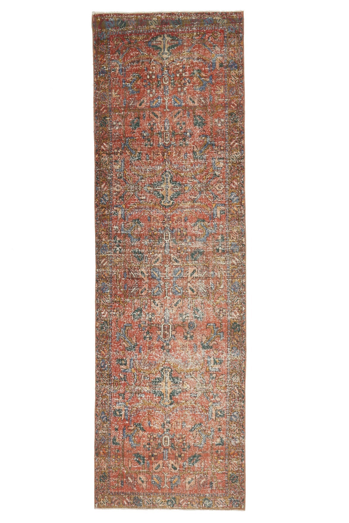 90x310 cm turuncu ve kahverengi çiçek desenli el dokuma vintage yolluk – üstten tam görünüm