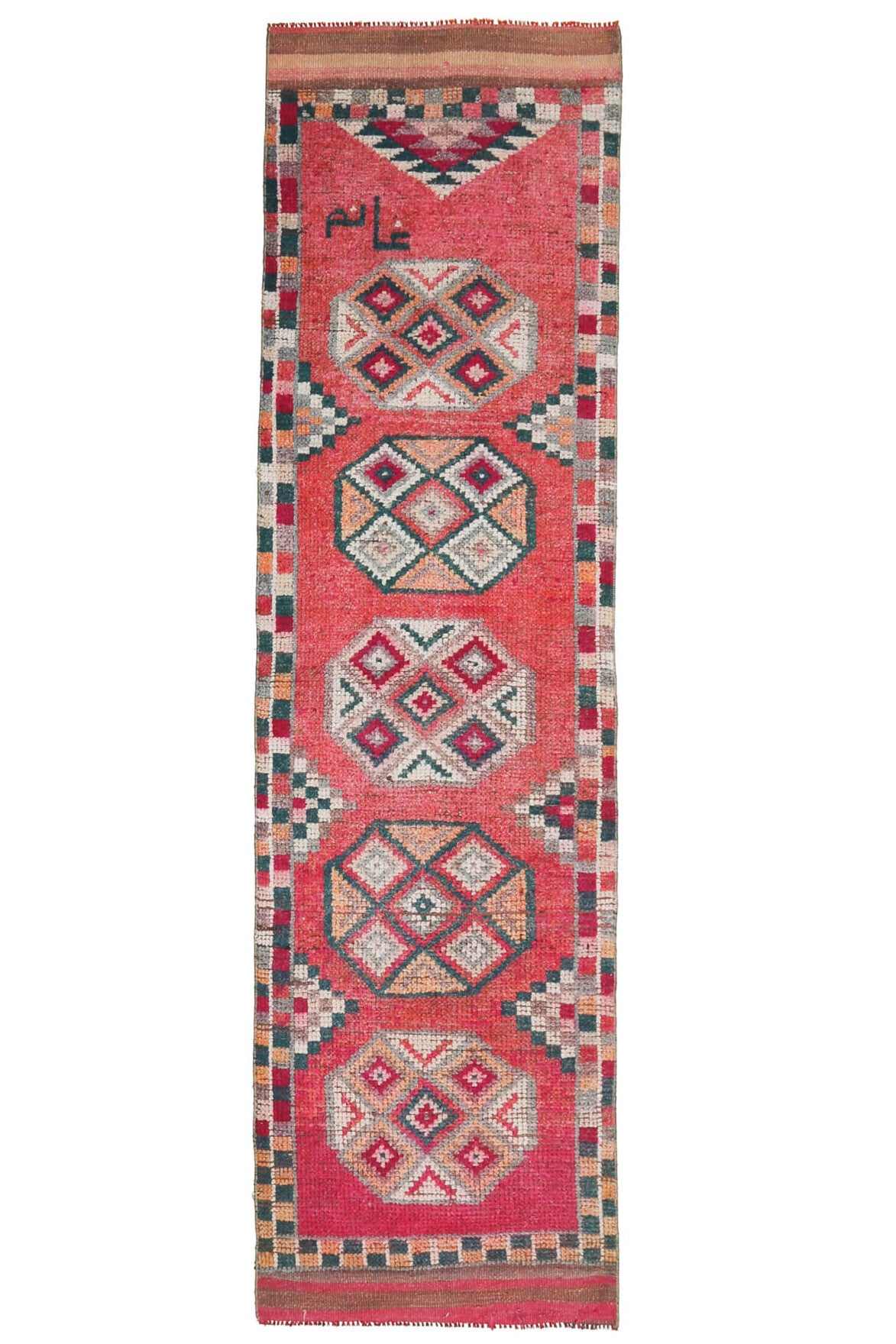 88x315 cm kırmızı, pembe ve turuncu oryantal desenli el dokuma vintage yolluk – üstten tam görünüm