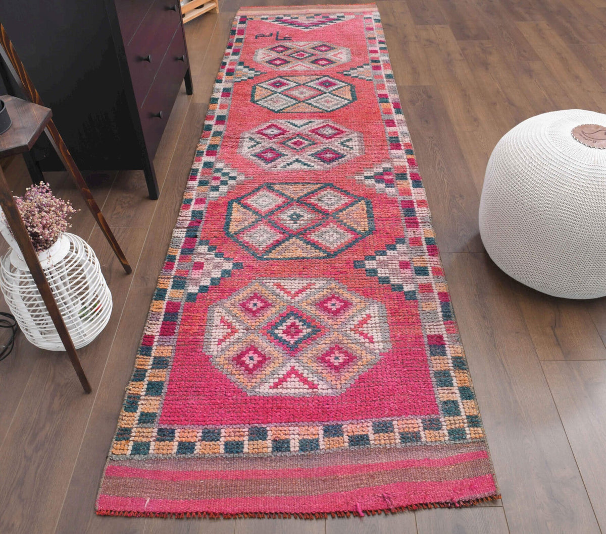 El yapımı vintage yolluk 89x315 cm oryantal desenli yün - detay görünümü