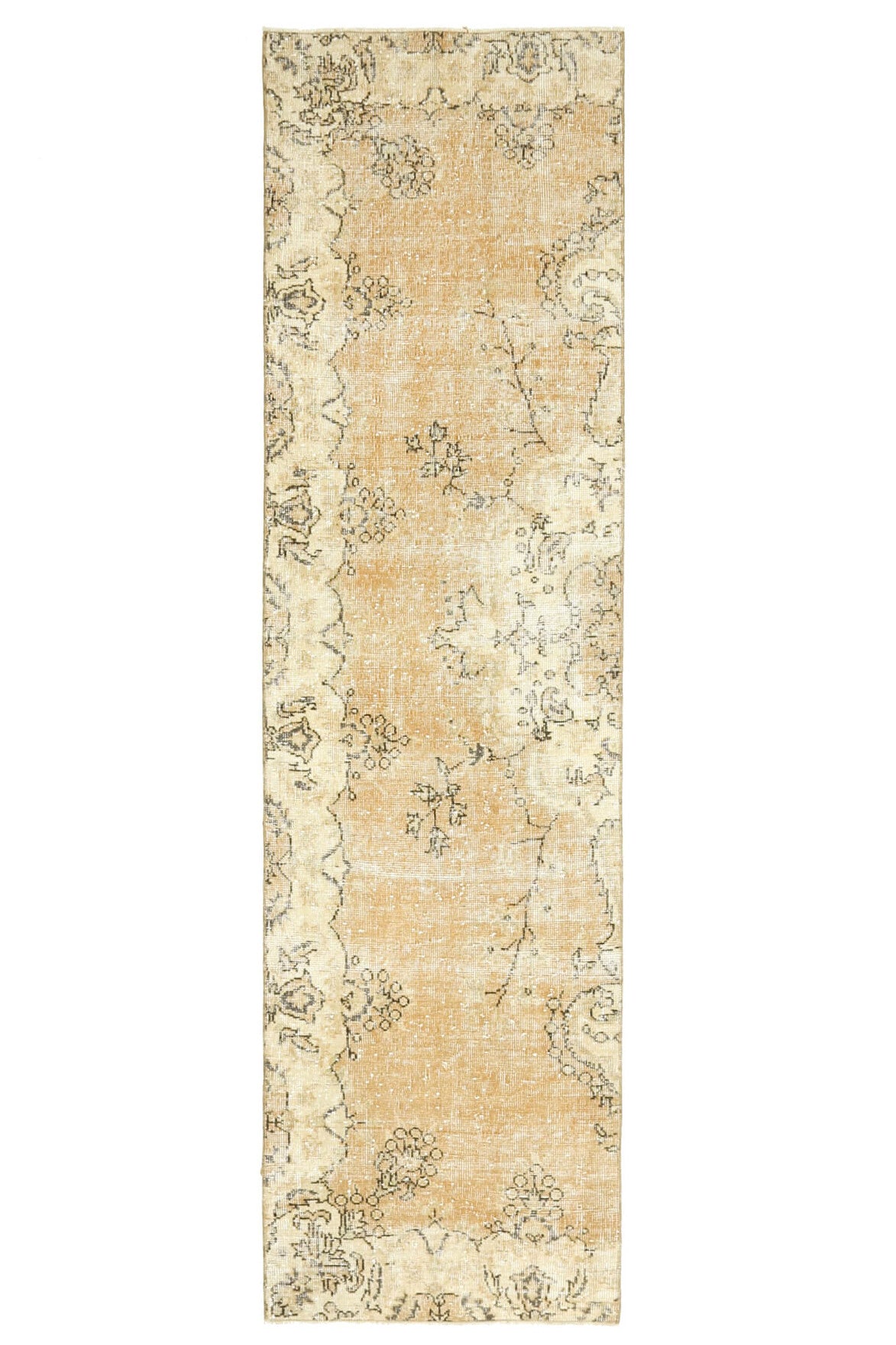 70x259 cm turuncu ve bej çiçek desenli el dokuma vintage yolluk – üstten tam görünüm