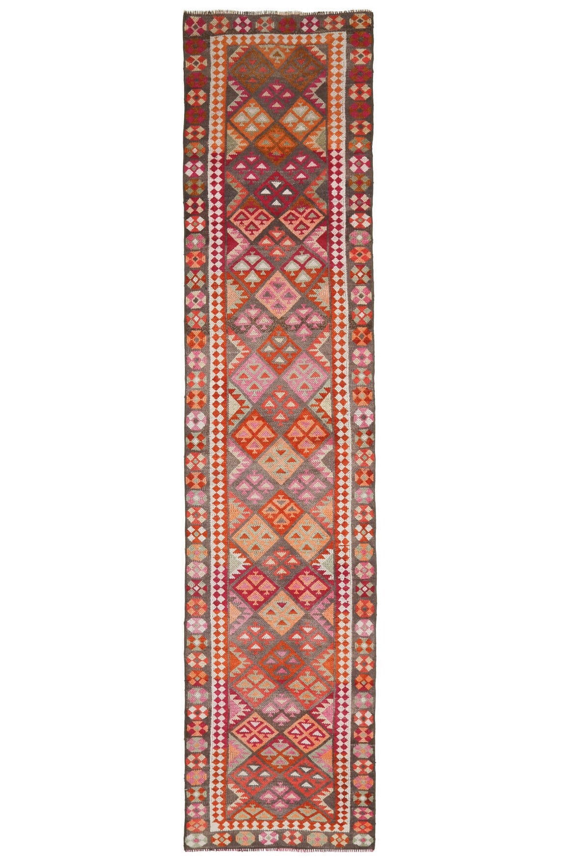 85x389 cm turuncu, kırmızı ve pembe ikat desenli el dokuma vintage yolluk – üstten tam görünüm