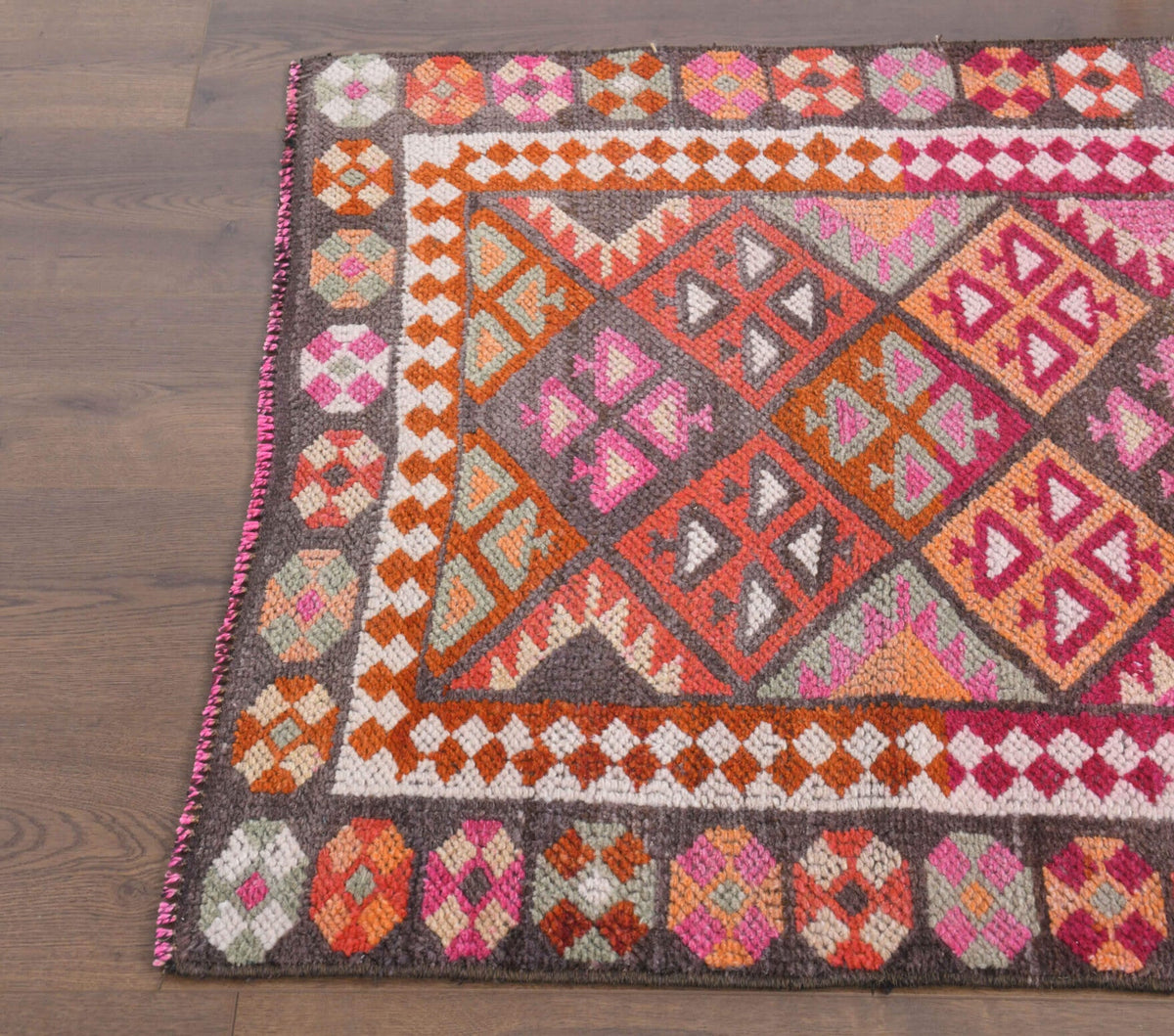 Antre ve koridor için ikat desenli el dokuma vintage yolluk – 85x389 cm