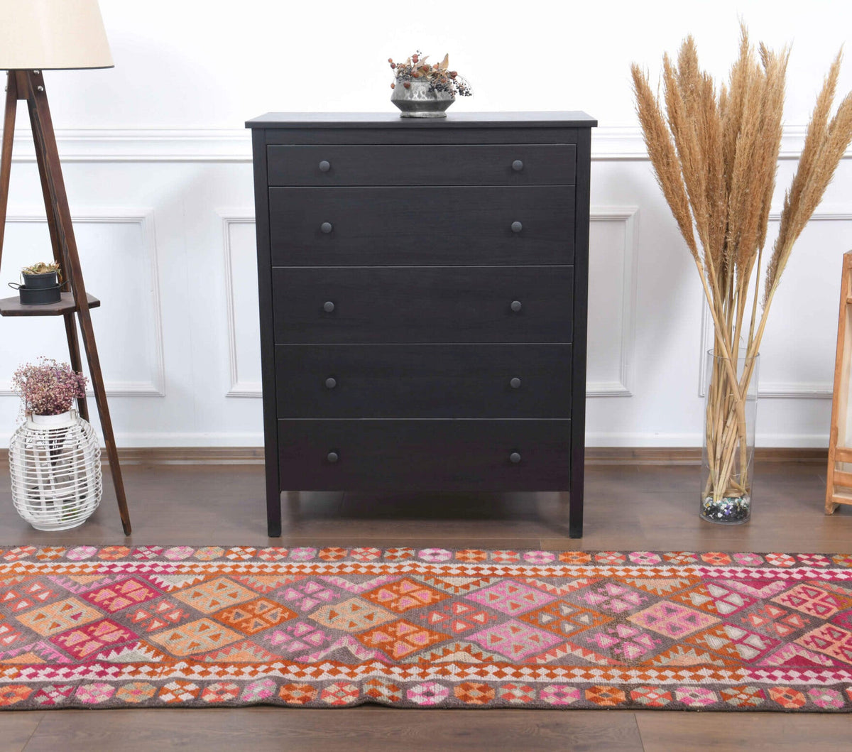 Vintage yolluk 85x389 cm – turuncu, kırmızı ve pembe ikat desenli, el dokuma