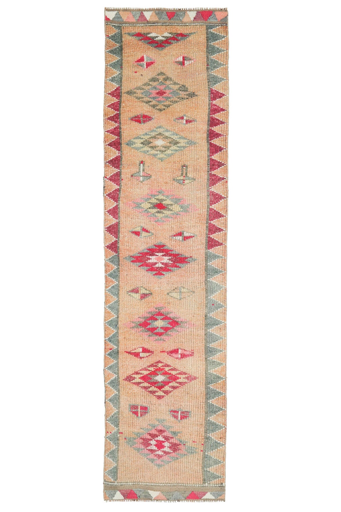85x350 cm turuncu oryantal desenli el dokuma vintage yolluk – üstten tam görünüm