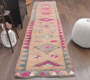 1970'lerden Anadolu kökenli oryantal desenli el dokuma vintage yolluk, 85x350 cm