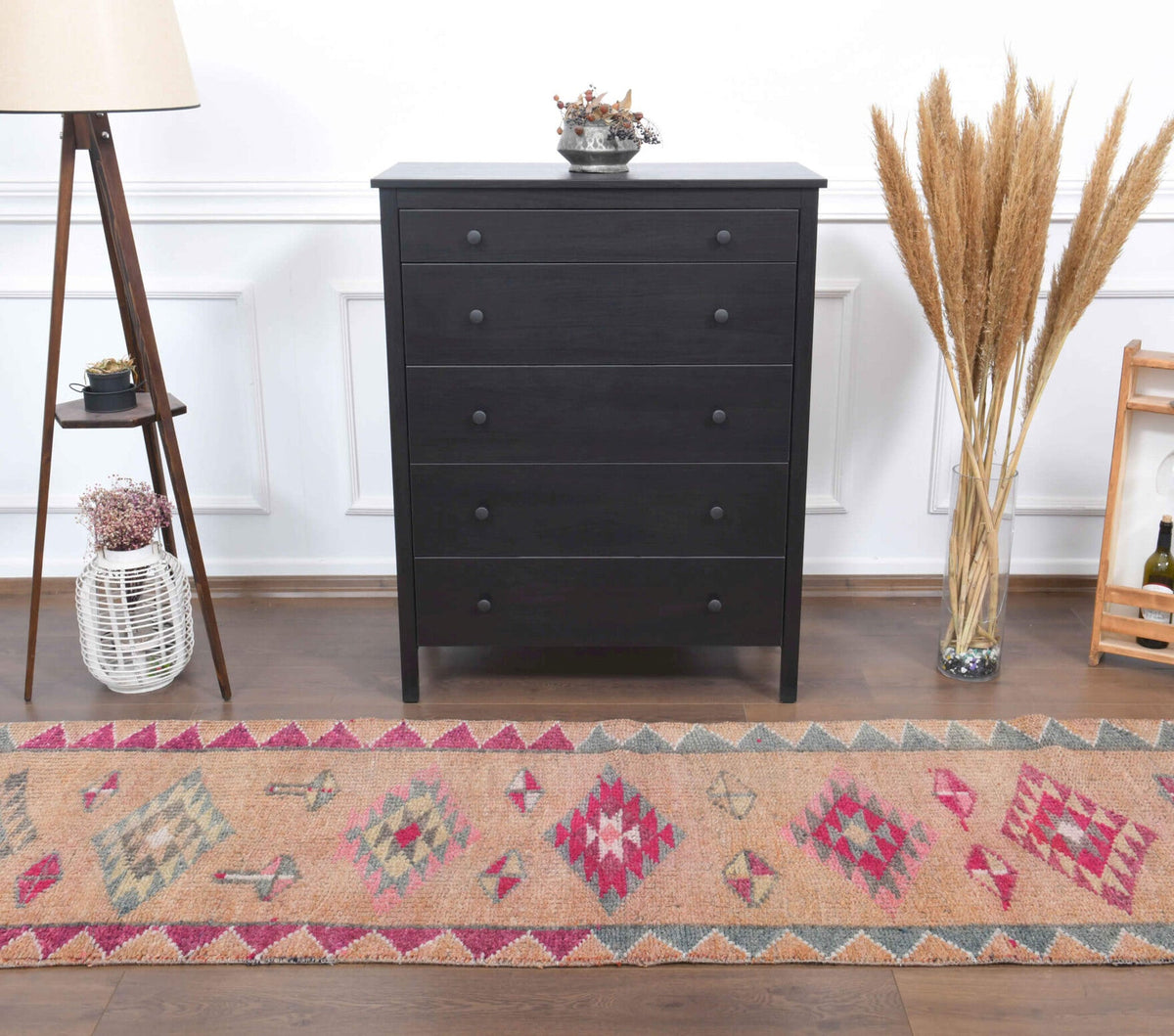 Vintage yolluk 85x350 cm – turuncu oryantal desenli, el dokuma