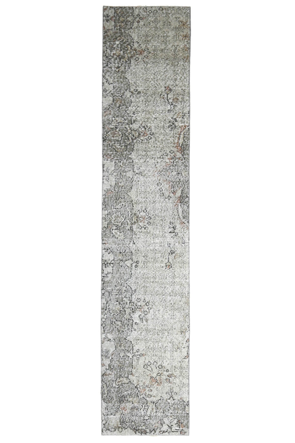 60x297 cm gri çiçek desenli el dokuma vintage yolluk – üstten tam görünüm