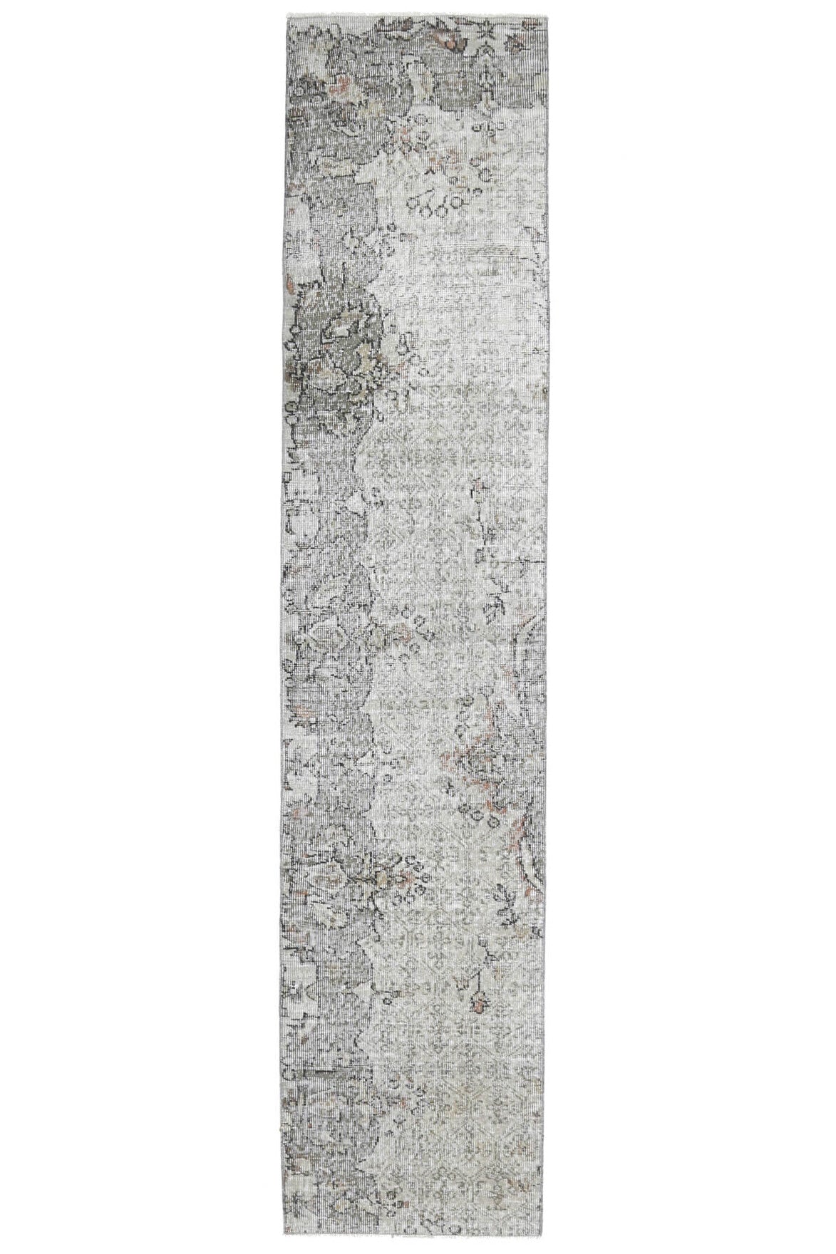 64x297 cm gri oryantal desenli el dokuma vintage yolluk – üstten tam görünüm