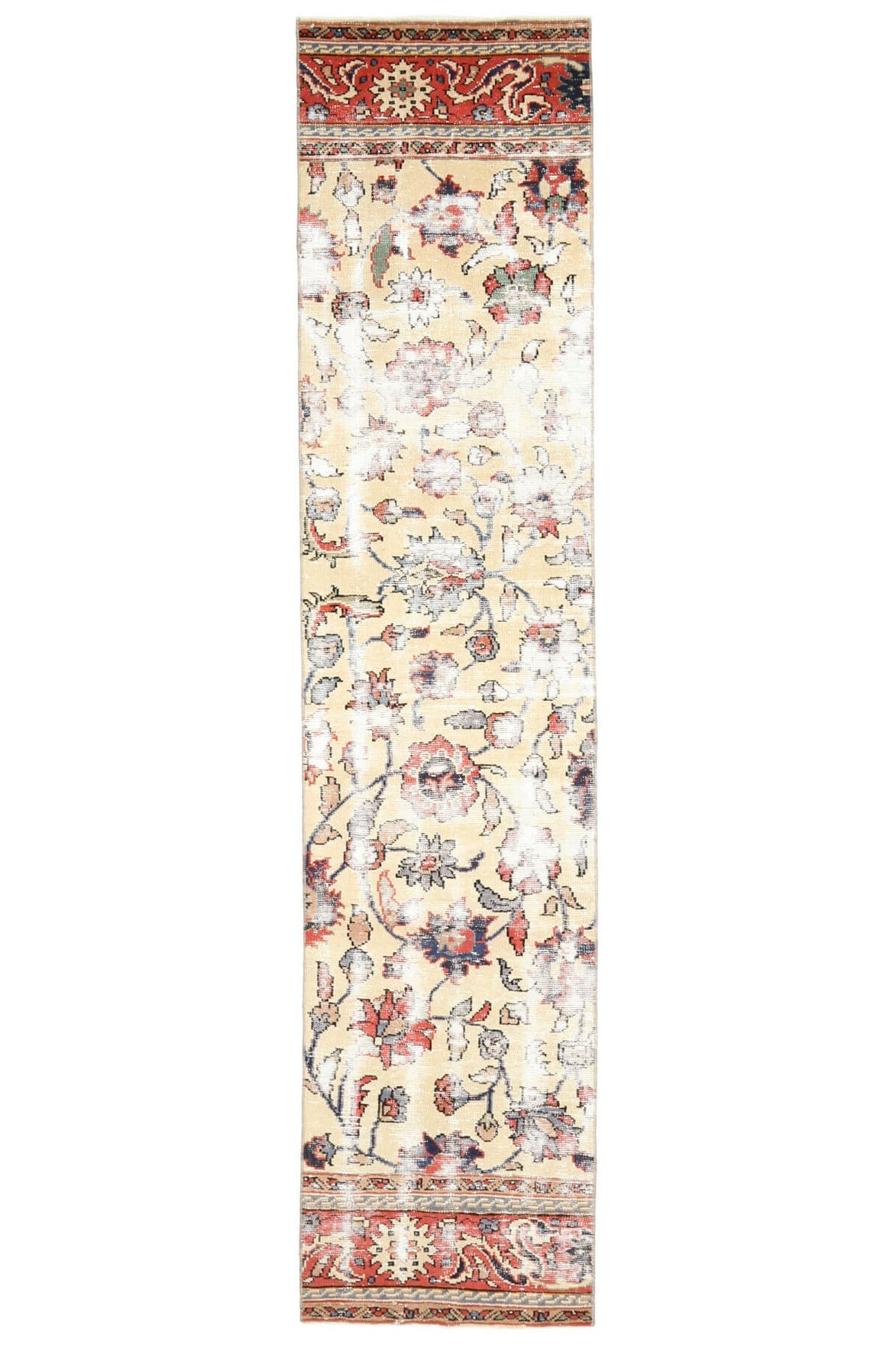 El yapımı vintage yolluk 66x305 cm çiçek desenli desenli yün