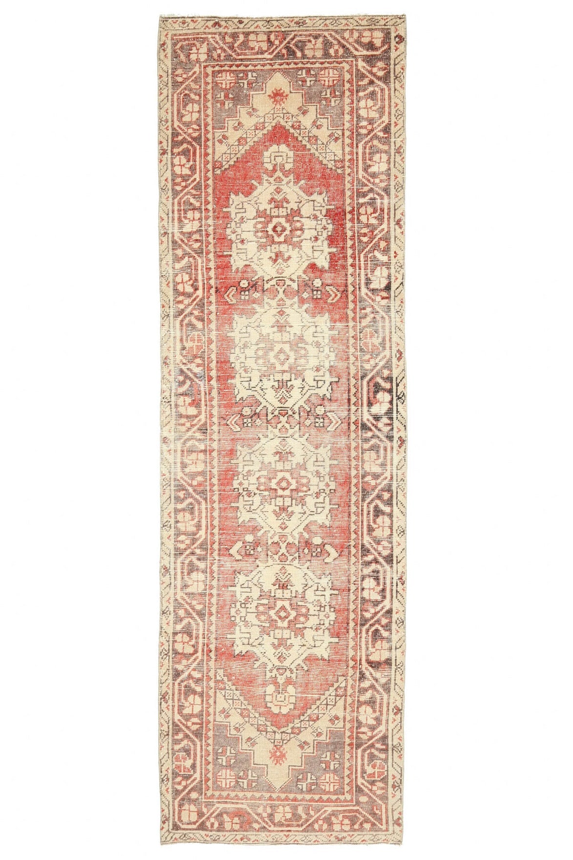 87x299 cm turuncu oryantal desenli el dokuma vintage yolluk – üstten tam görünüm