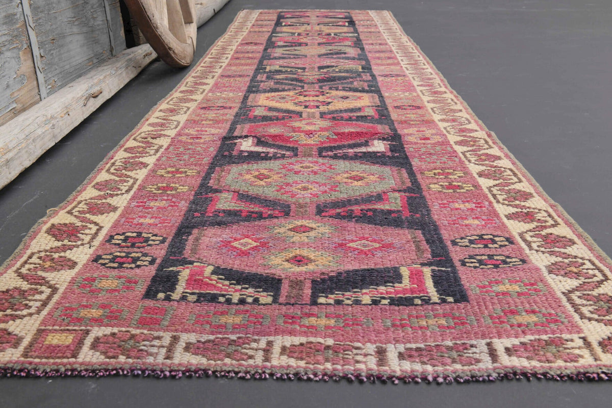 El yapımı vintage yolluk 86x340 cm tribal desenli yün - yakın çekim doku detayı