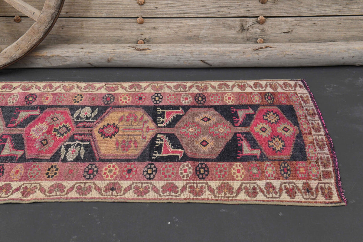Antre ve koridor için tribal desenli el dokuma vintage yolluk – 86x341 cm