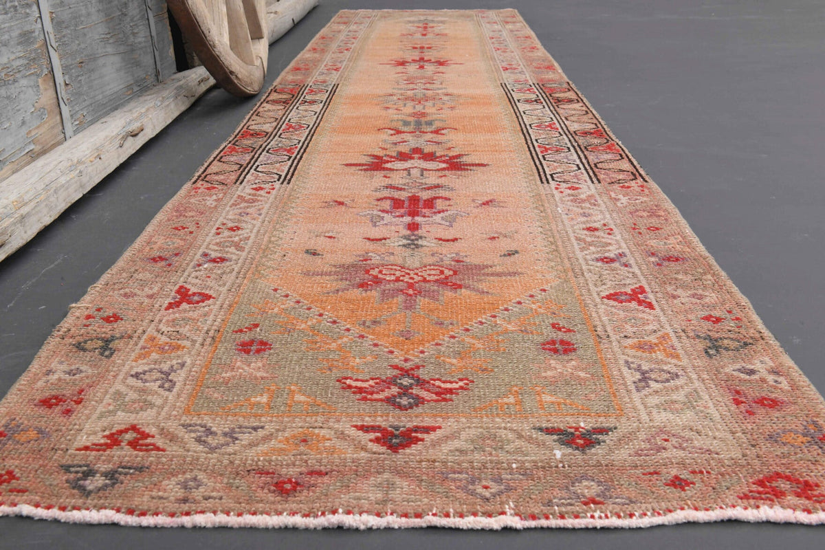 El yapımı vintage yolluk 86x381 cm oryantal desenli yün - yakın çekim doku detayı