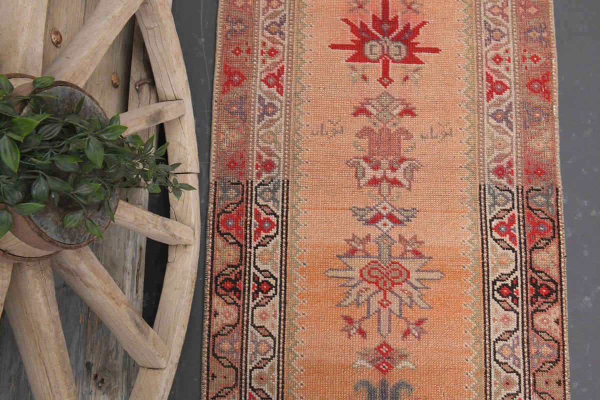 Vintage yolluk 85x382 cm – turuncu oryantal desenli, el dokuma