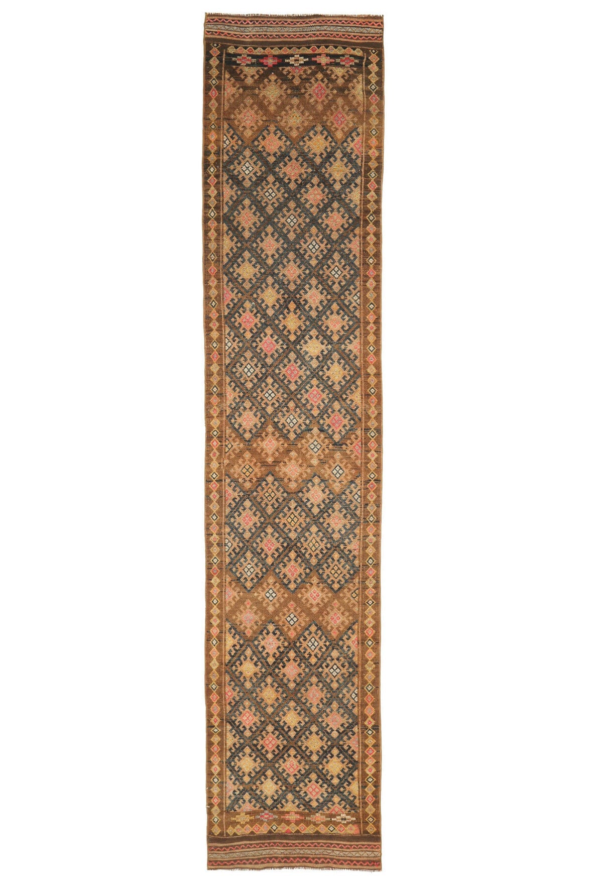 85x410 cm turuncu ve kahverengi ikat desenli el dokuma vintage yolluk – üstten tam görünüm