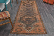 1970'lerden Anadolu kökenli tribal desenli el dokuma vintage yolluk, 110x328 cm