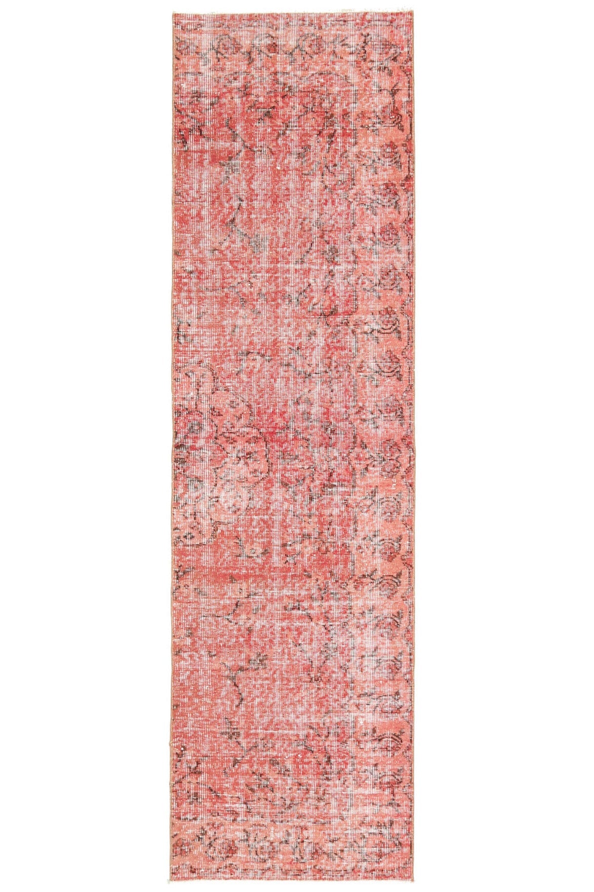 70x258 cm pembe ve kırmızı çiçek desenli el dokuma vintage yolluk – üstten tam görünüm