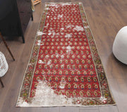 1970'lerden Hereke kökenli ikat desenli el dokuma vintage yolluk, 100x305 cm